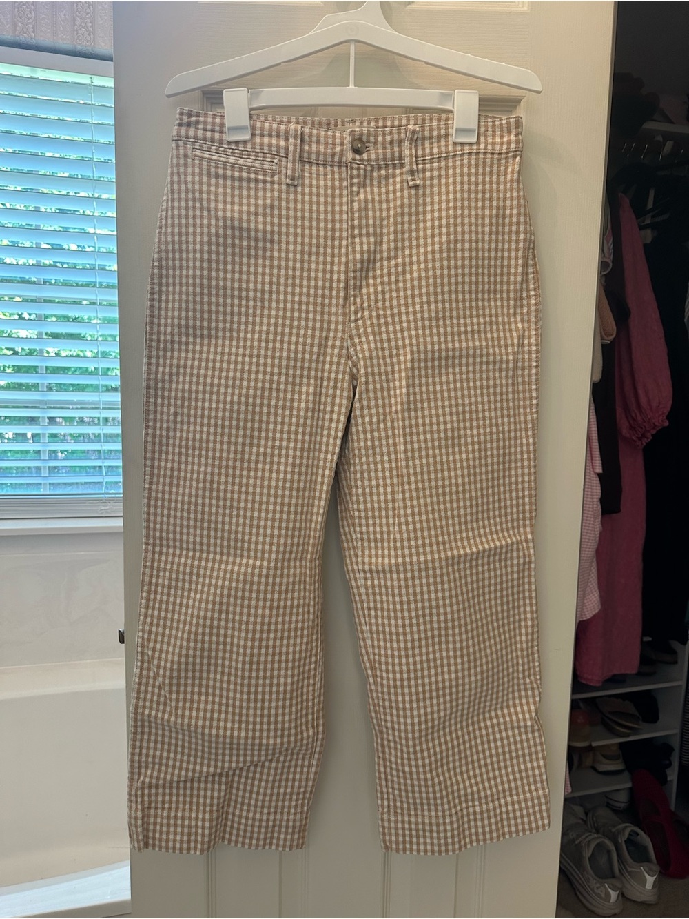 Madewell Beige and White Gingham Slim Emmett Wide-Leg Crop Pants
